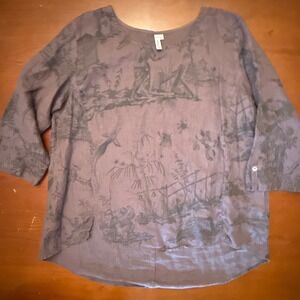 Kleen linen top women's Large brown print lagenlook art to wear tunic blouse